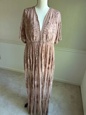 Honey Punch Embroidered Lace Mesh Dress Small Blush Boho Midi Romantic Sheer